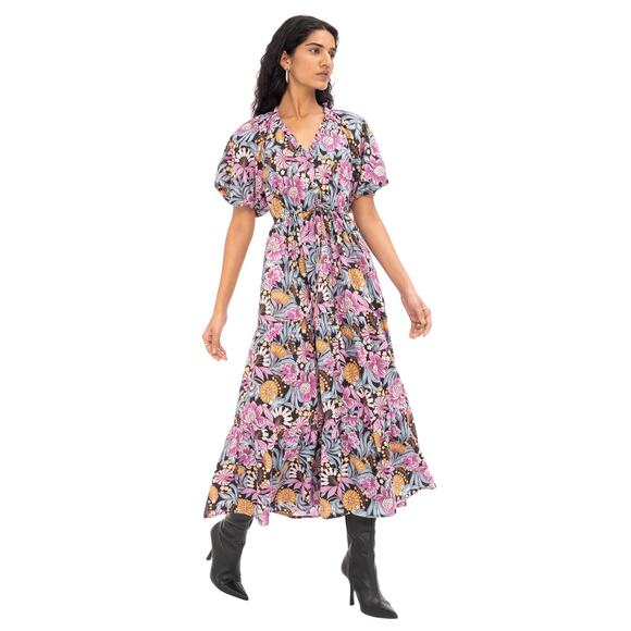 Banjanan Poppy Floral Print Organic Cotton Midi Dress Black Beauty Purple EUC - Picture 2 of 16